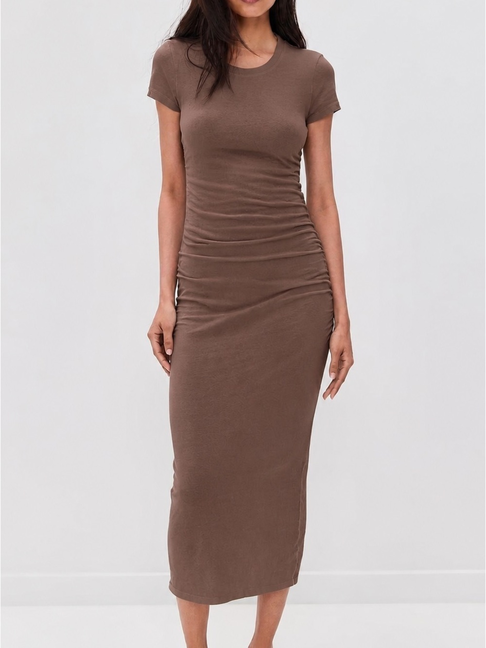 James Perse Standard Ruched T-Shirt Maxi Dress in Brown — Size 1